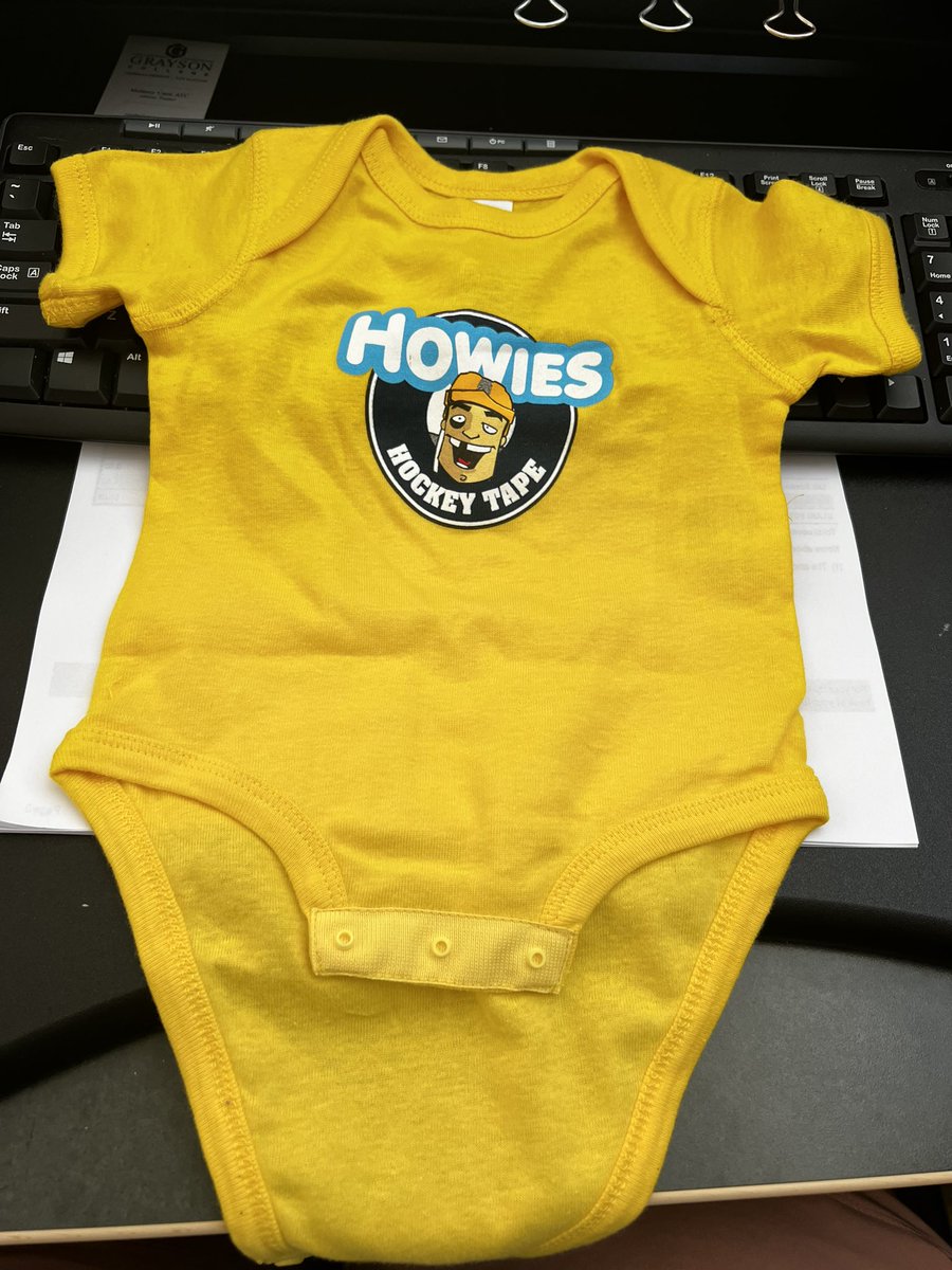 GCAthTraining's tweet photo. Thanks @howiestape for the onesie for the newest Card! #6weeksleft #tinyhockeyfan #miniAthleticTrainer https://t.co/NCexbkvzca