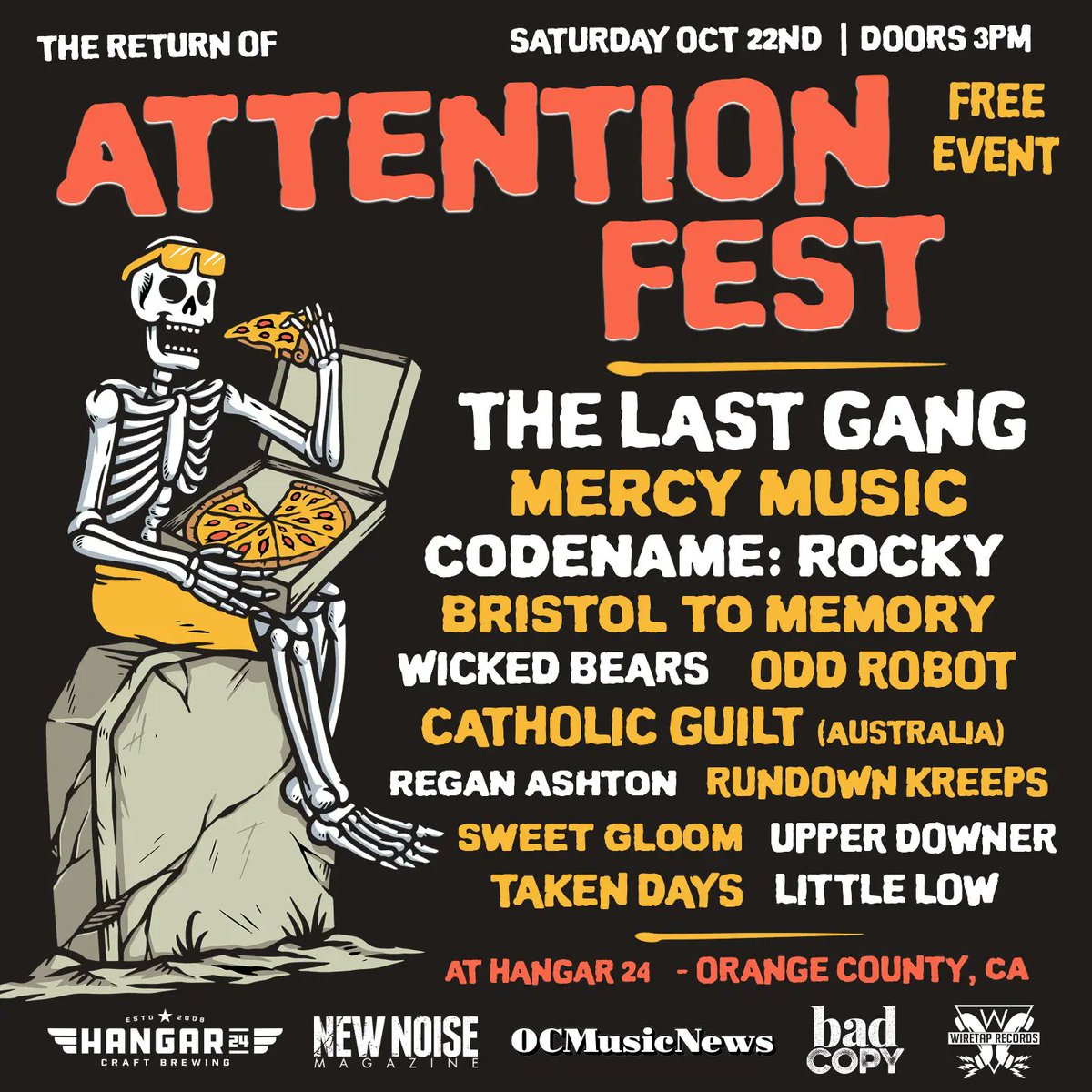 thelastgangband's tweet photo. 🚨ATTENTION FEST🚨
 
 .... is back and we're playing! See ya October 22nd at @hangar24orangecounty ! 

#TheLastGang #FatWreckChords #FatWreck #mercymusic #codenamerocky #bristoltomemory #wickedbears #oddrobot #catholicguilt #reganashton #upperdowner #takendays #orangecounty https://t.co/oOGlPBpQH3