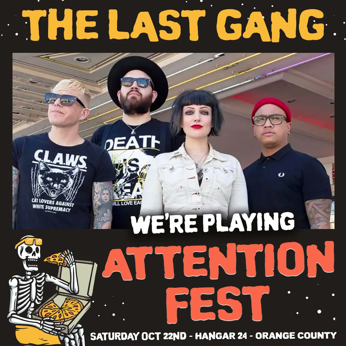 thelastgangband's tweet photo. 🚨ATTENTION FEST🚨
 
 .... is back and we're playing! See ya October 22nd at @hangar24orangecounty ! 

#TheLastGang #FatWreckChords #FatWreck #mercymusic #codenamerocky #bristoltomemory #wickedbears #oddrobot #catholicguilt #reganashton #upperdowner #takendays #orangecounty https://t.co/oOGlPBpQH3