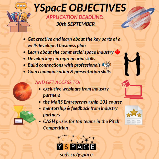 sedscanada's tweet photo. Compete in Canada's only business plan competition with a focus on the space sector!
Register for the Young Space Entrepreneurs Competition (YSpace) by September 30 at 11:59 ET.
Take a look at the timeline and the objectives!
Learn more at https://t.co/Hx12vUaF7u
#sedscanada https://t.co/sFRN53sESo