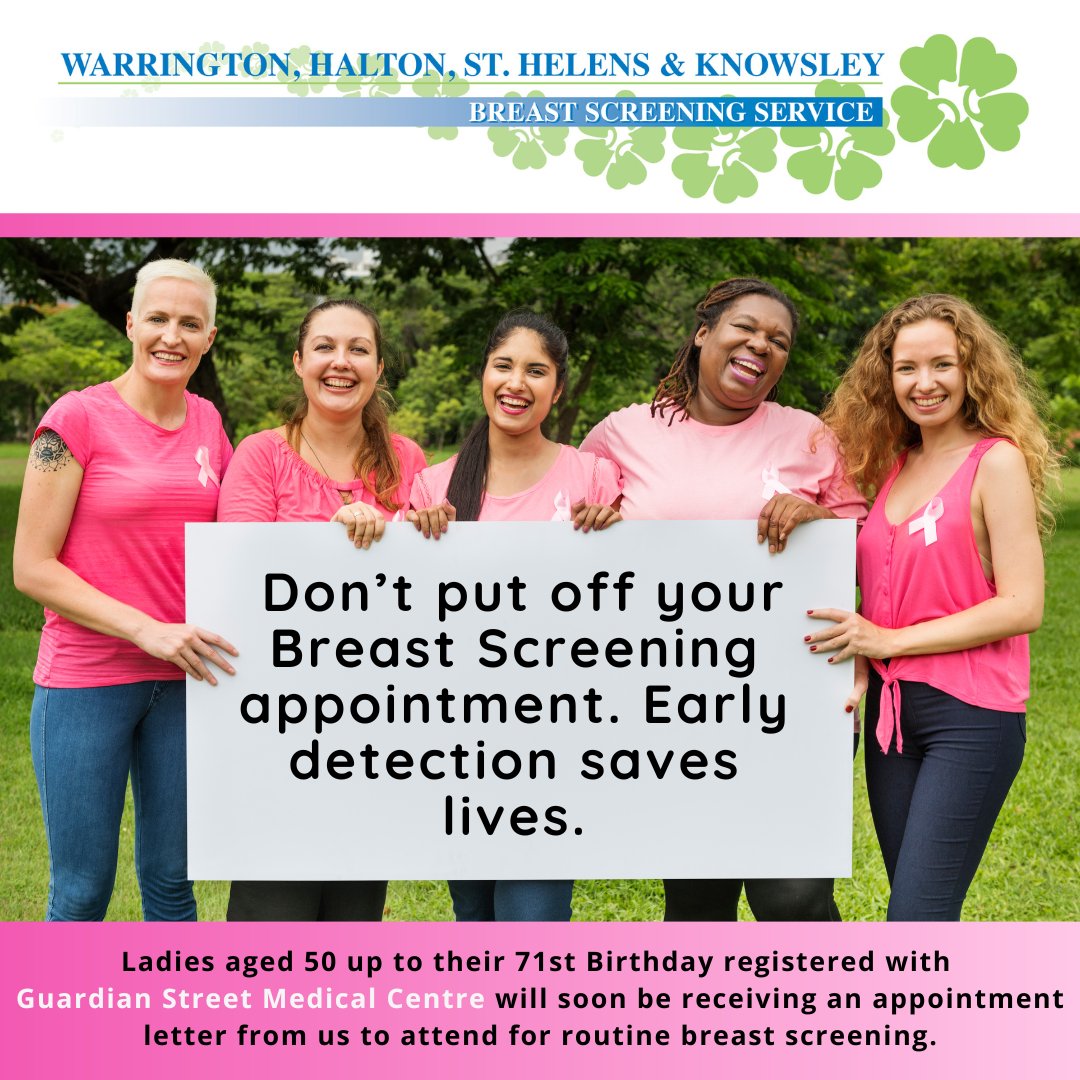 NorthCandMNHS's tweet photo. Ladies aged 50-71 registered with Guardian Street Medical Centre will shortly be invited for routine breast screening.
Please don’t put off your breast screening appointment.  Early detection saves lives. https://t.co/FZ6vCKfKK7