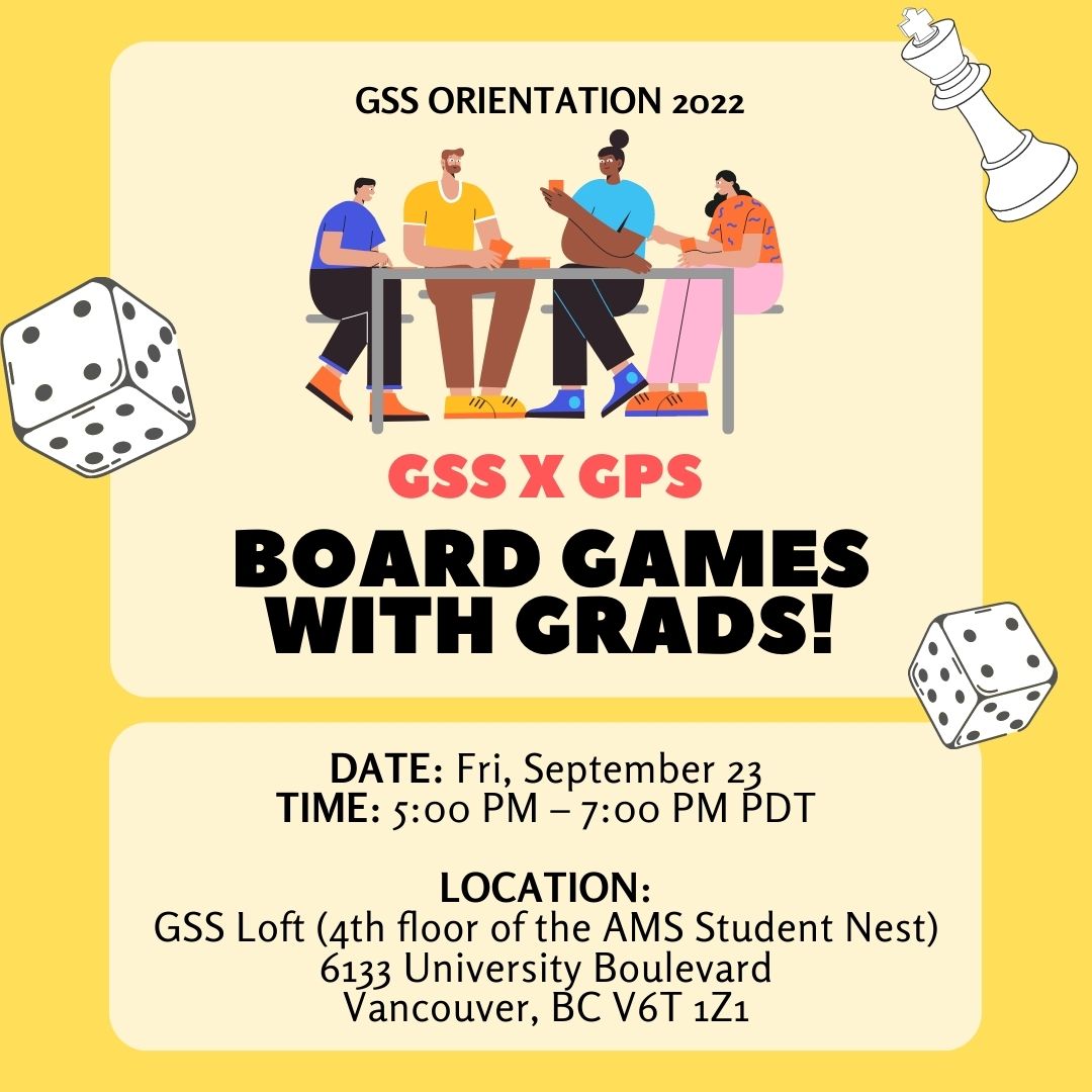ubcgss's tweet photo. Looking to meet other graduate students and relax? Join the GSS and GPS for a round or two of boardgames! 

https://t.co/PU8tqIPeeI

#ubcgss #gss #ubc #grad #grads #ubcevent #gssevent #event #graduate #masters #phd #society #university #gradschool #boardgame #boardgames https://t.co/kkWmpC0uzo