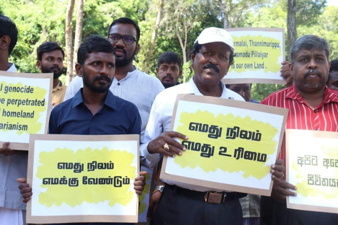 kavinthans's tweet photo. Former Northern Councillor T. Ravikaran and activist R. Mayoorn, who staged a protest in Kurunthoor-malai today against the land grab and the ongoing construction despite court order, have been arrested when both of them went to the police after being  summoned.

#SriLanka https://t.co/IRuaFhma2t
