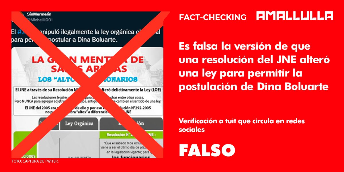 elfiltro_pe's tweet photo. Verificación de @AmaLlulla_2021: 
Es #FALSA la versión de que una resolución del @JNE_Peru alteró una ley para permitir la postulación de Dina Boluarte, como señala una publicación con miles de interacciones #Twitter. 🧵 https://t.co/9cIXYuElo0