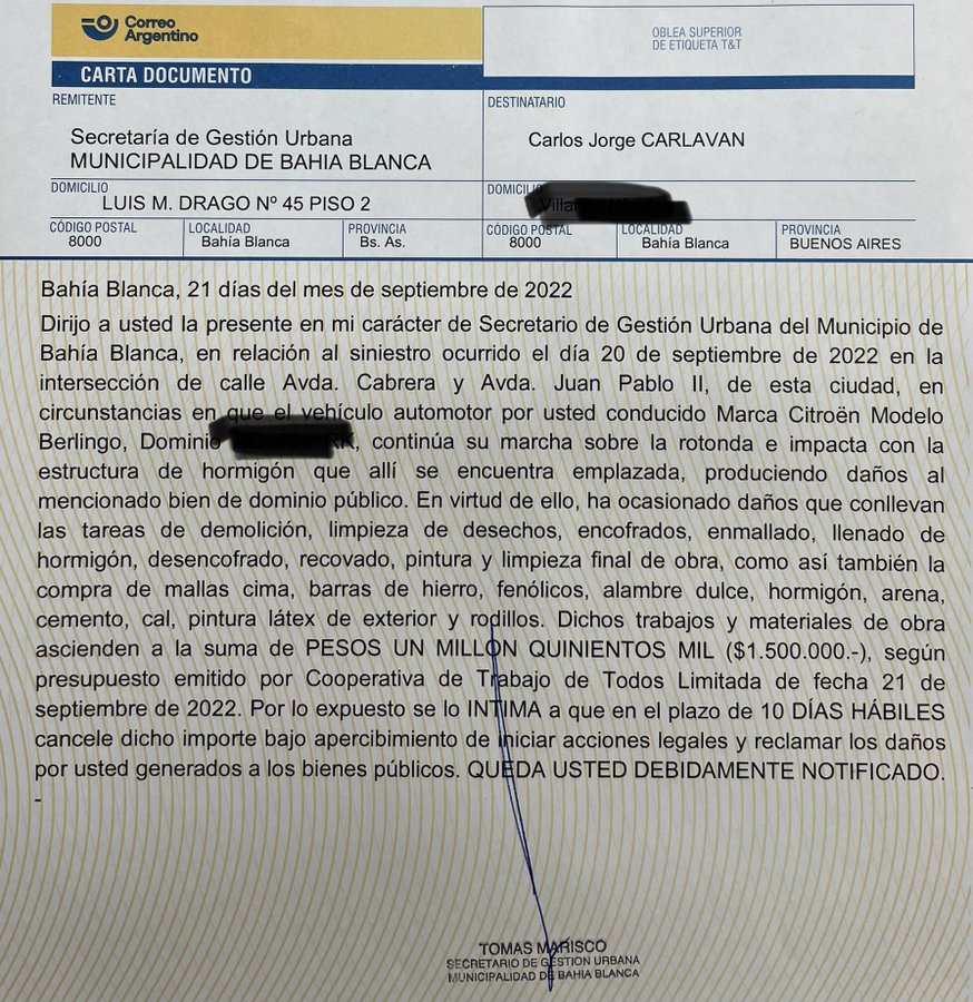 El Municipio intimó al empresario Carlaván por un millón y medio de pesos  tras el último siniestro vial - Bahía Política