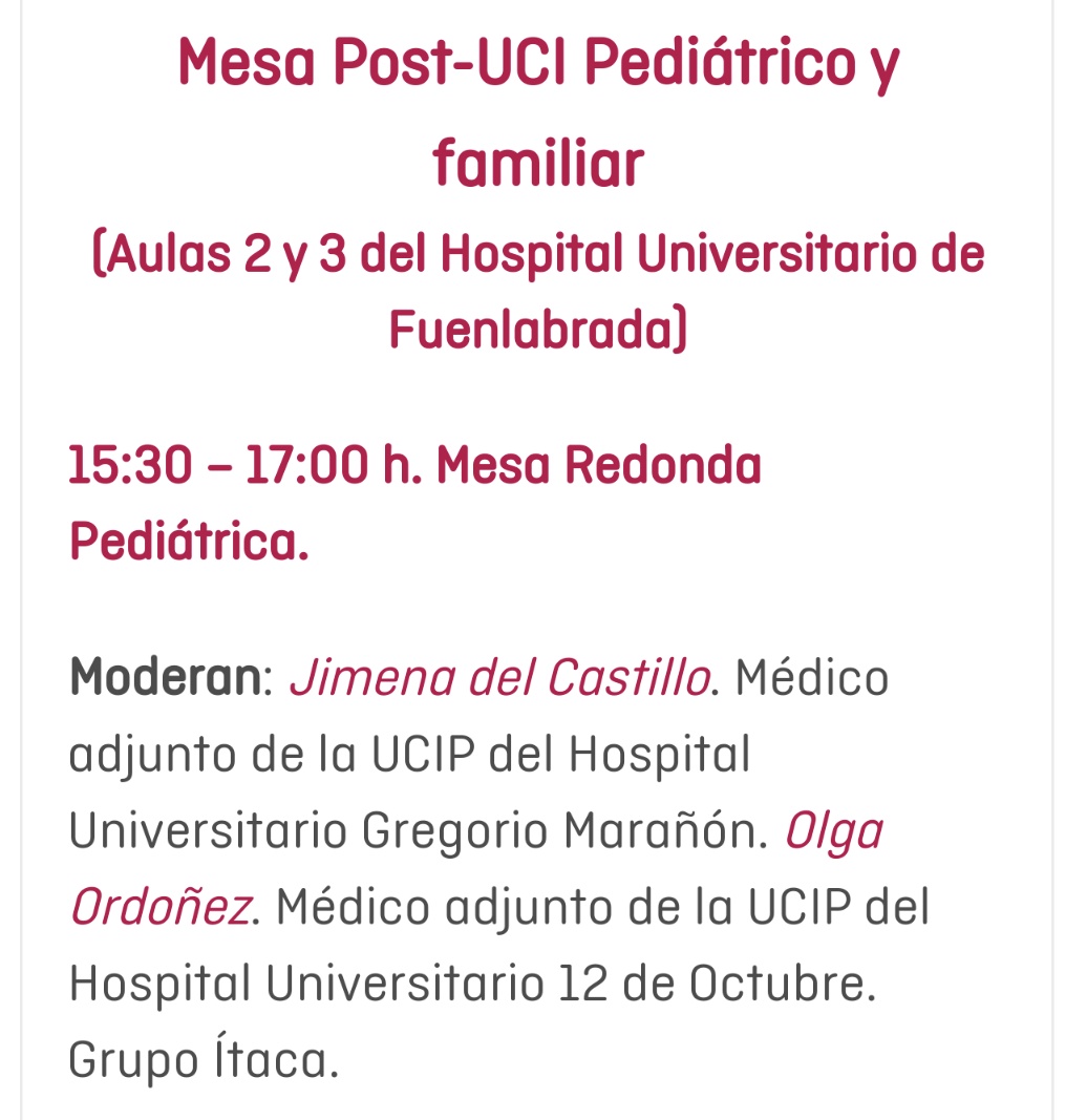 Y la novedad de estas #3JPICS será una mesa dedicada por entero al Síndrome Post UCI pediátrico.

Si trabajas con niños graves te resultará muy interesante asistir a esta mesa.

30 de noviembre. HU de Fuenlabrada.
Más información e inscripciones aquí:
proyectohuci.com/es/3jpics/