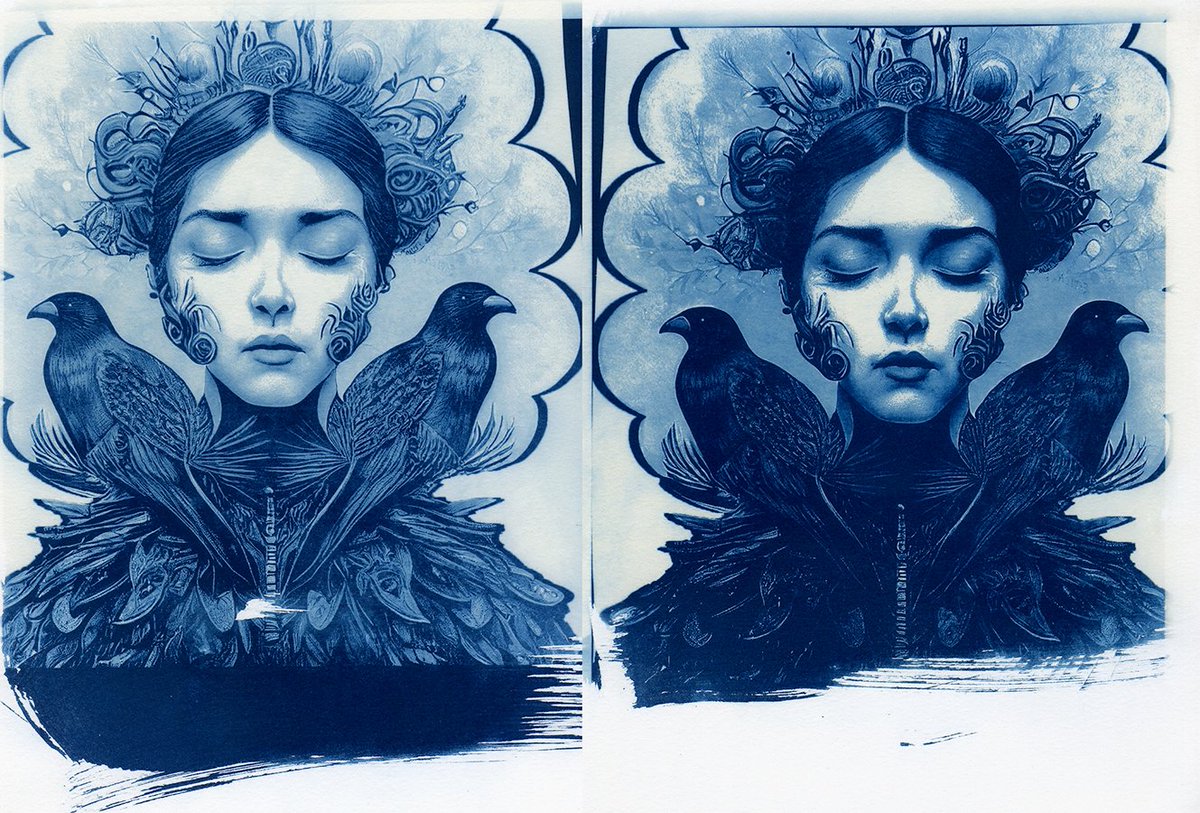 weird_momma_x's tweet photo. Testing 2 different cyanotype curves to make digital negatives. Been a long time so I forgot my workflow. I'm getting it dialed in again. Also enjoying finding other ways to use all the images I'm generating
#cyanotype #altprocess #photography #digitalnegatives #aiart #midjourney https://t.co/DiaNWISL12