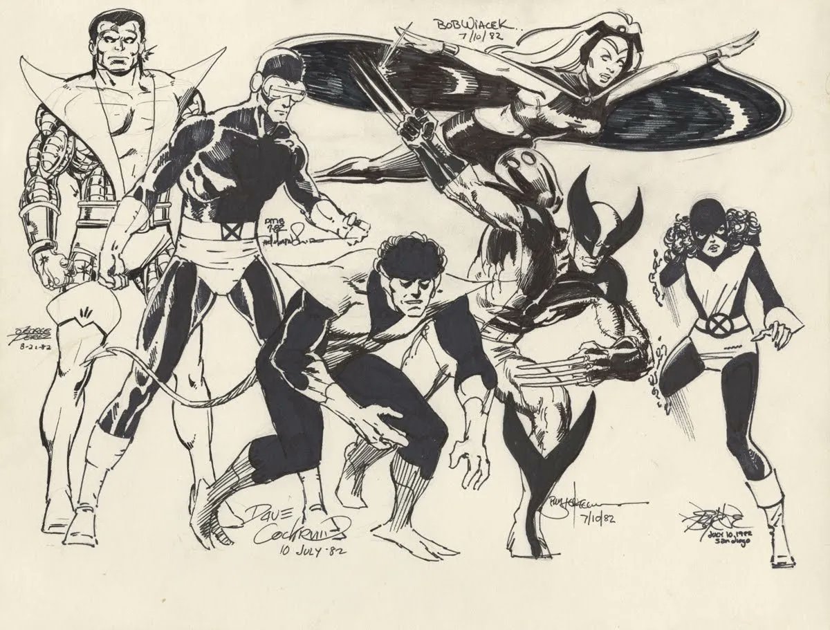 SuperheroMethod's tweet photo. This X-Men “jam sketch” by 6 separate artists, 5 on July 10, 1982 and the final 1 on August 21, 1982. Artists were: John Byrne – Kitty Pryde, Bill Sienkiewicz – Wolverine, Dave Cockrum – Nightcrawler, Paul Smith – Cyclops, Bob Wiacek – Storm, George Perez – Colossus. Good stuff. https://t.co/WL29Y9kdAj
