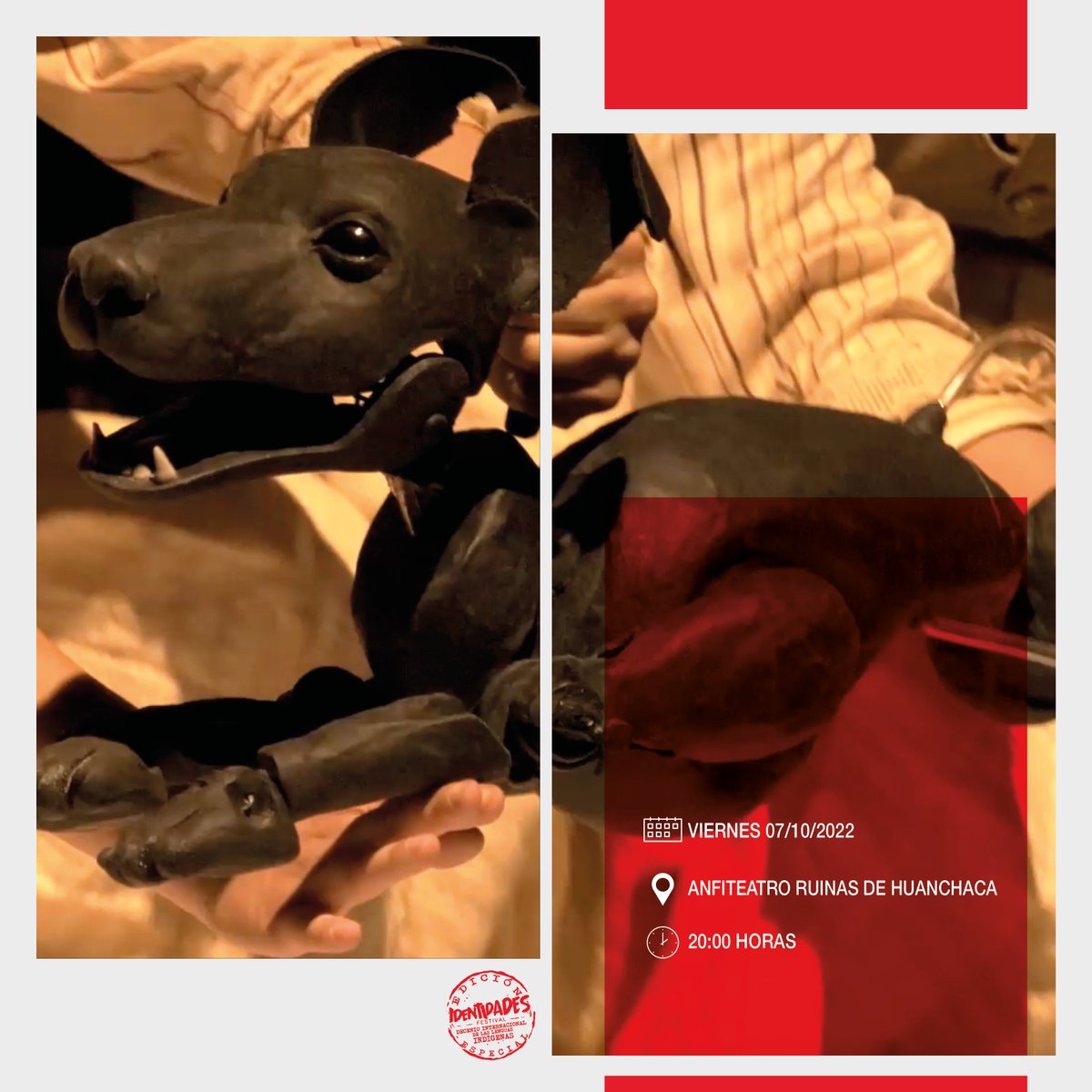 IdentidadesFest's tweet photo. Este 2022 también será parte de nuestra programación “Allqu Yana, porque los perros negros son más buenos”, un espectáculo de @lahuellateatro1  en colaboración con @TeatrodeOcasion 
📌Coordenadas:
🗓Viernes 07 de octubre 20 hrs
📍Anfiteatro @RuinasHuanchaca 

#IdentidadesFestival https://t.co/HAoLcV43J0