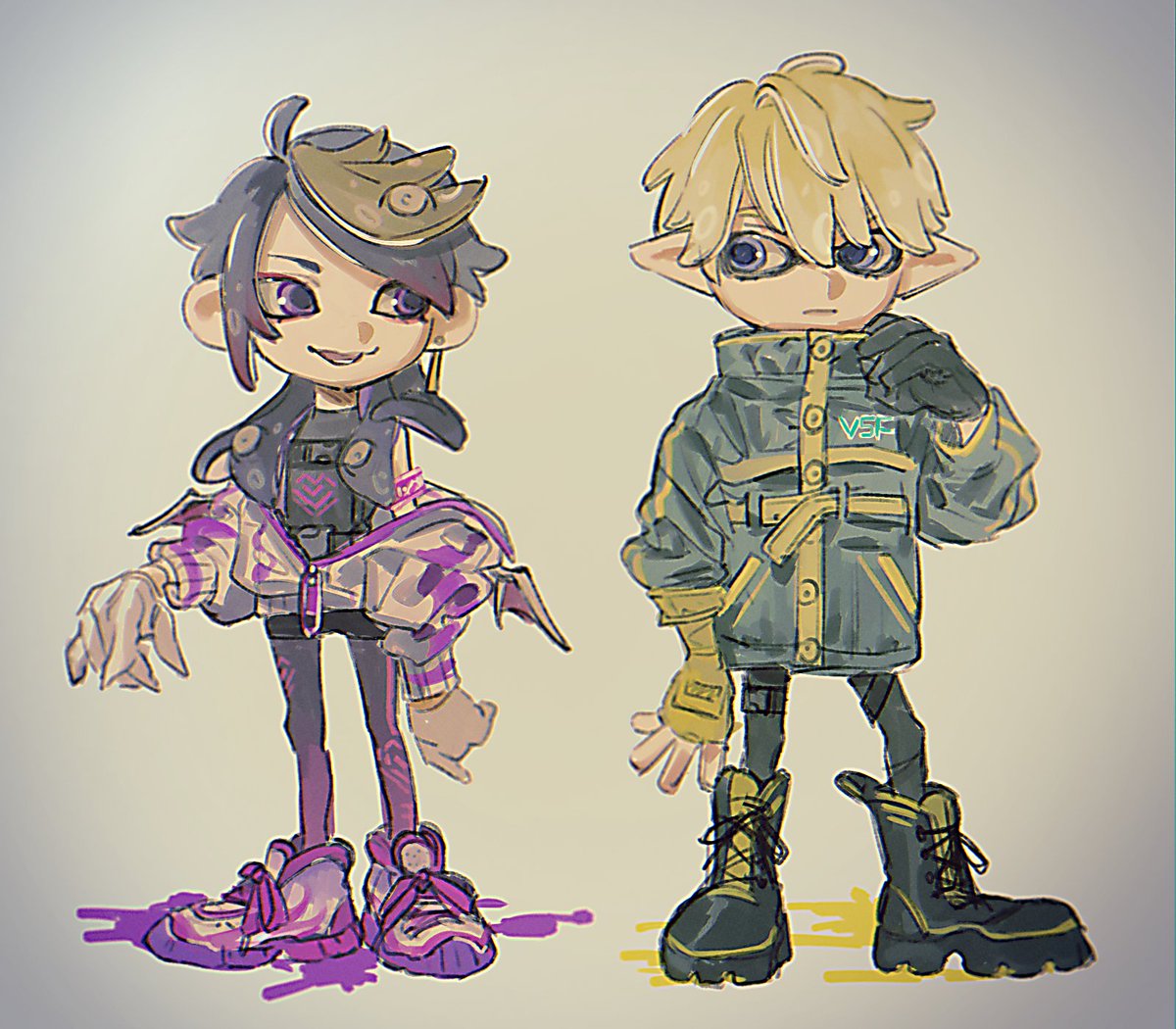 2boys gloves jacket multiple boys pointy ears purple eyes black hair  illustration images