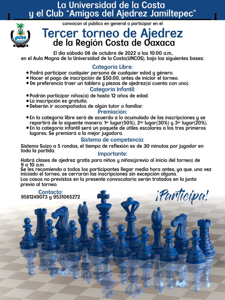 hondal_'s tweet photo. Estamos haciendo cosas muy positivas en beneficio de la niñez y juventud de la Costa de #Oaxaca. Con el apoyo de la #UNCOS realizaremos el tercer torneo de este circuito. Chequen la convocatoria y apoyen a difundir para que cada vez seamos más. Nos vemos pronto en #Pinotepa. ♟👑 https://t.co/B5WLgPq8K5