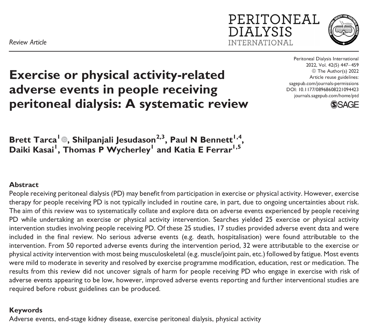 New Issue - September 2022 <a href="/PDI_Journal/">Peritoneal Dialysis International Journal</a> 
📄: Exercise or physical activity-related adverse events in people receiving peritoneal dialysis: A systematic review
✍: Brett Tarca et al <a href="/BrettTarca/">Brett Tarca</a> 
🔗 : ow.ly/86f350KPs5P
#PeritonealDialysis #EditorsChoice <a href="/PD_Perls/">Jeff Perl</a> #OpenAccess