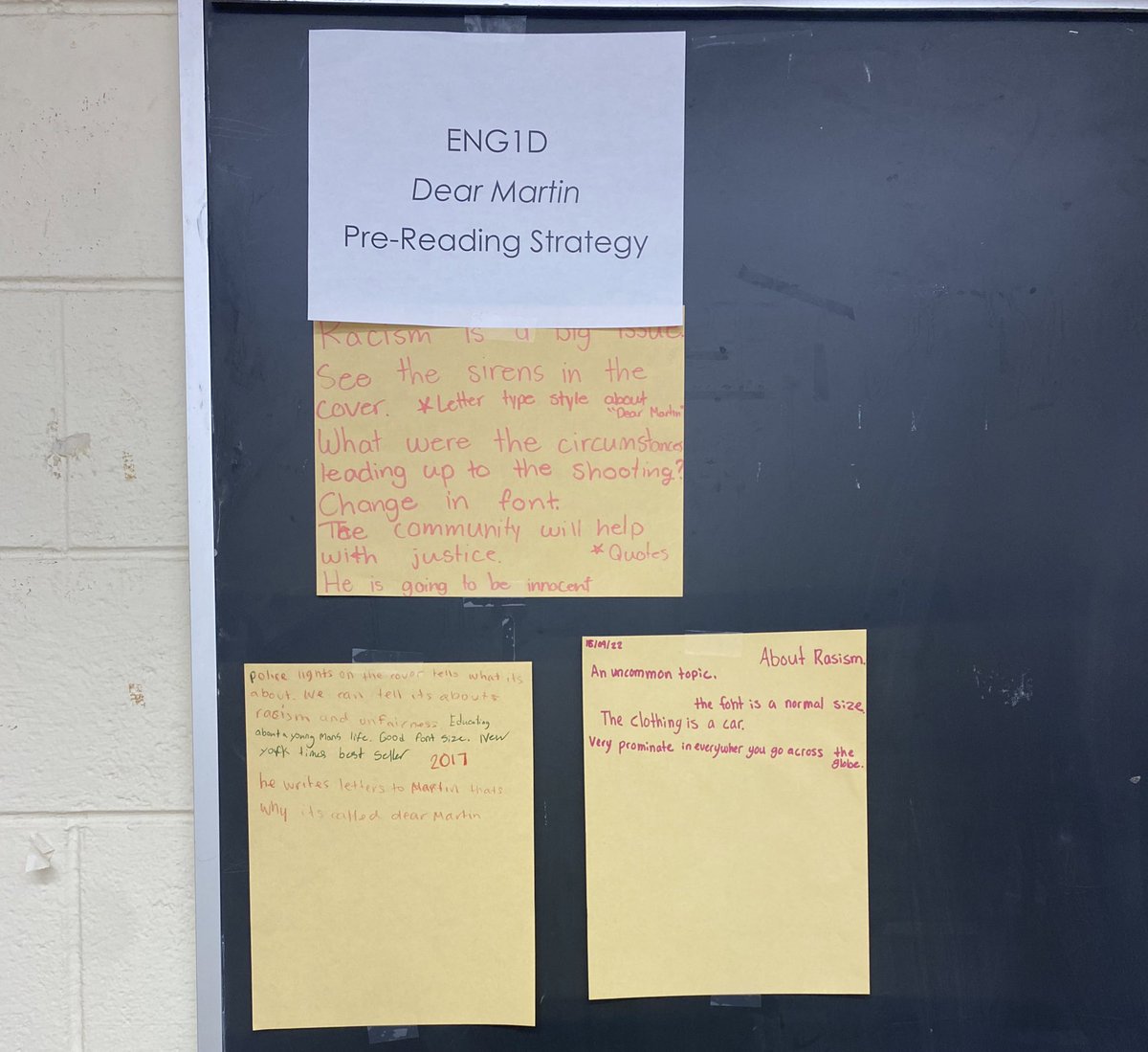 therealmsmazz1's tweet photo. Focusing on #prereading strategies with #ENG1D as we prepare to read Dear Martin by Nic Stone. We made #textpredictions to infer what the story might involve or include @WCSSCougars https://t.co/FDYweyrZdv