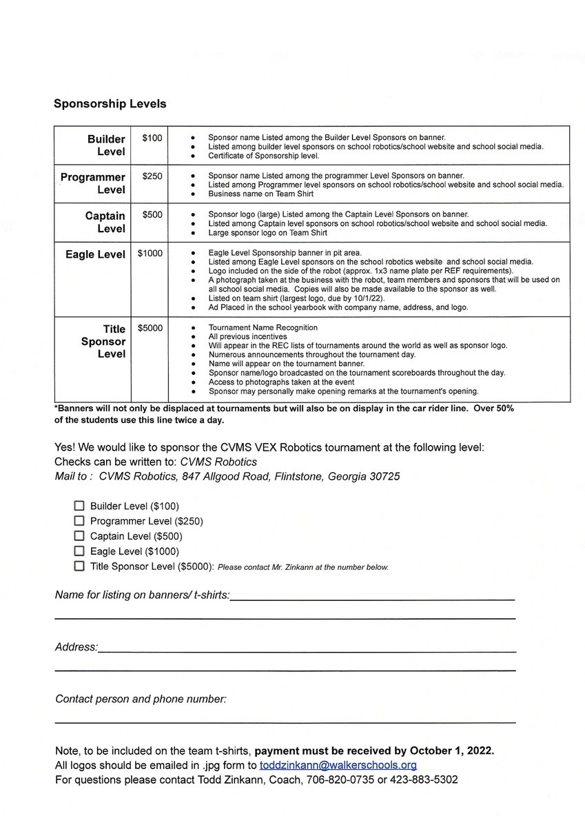 Sponsorship Opportunity 🦅
Every donation to the robotics program provides opportunities for students that will have an impact for the rest of their lives.
Please view the attached letters for more information. If you have questions, please email toddzinkann@walkerschools.org