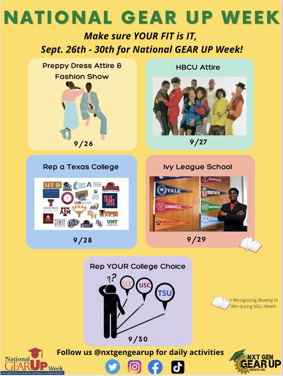 NXTGen GEAR UP DeSoto (@nxtgengearup) on Twitter photo Join us in promoting college culture next week by attire during National GEAR UP Week. Make sure your FIT IS IT! #GEARUPWeek #GEARUPWorks #collegebound @desotoisdengage <a href="/edpartnerships/">NCCEP</a> <a href="/CounselorsDeisd/">DeSoto ISD Counseling Department</a> <a href="/SSS_DeSotoISD/">DeSotoISD Student Support Services</a> <a href="/DeSotoISDCTE/">DeSoto ISD Career & Technical Education/CCMR</a> <a href="/dhs_eagles/">DeSoto High Eagles</a> <a href="/desotohighptsa/">DeSoto High PTSA</a> Join us in promoting college culture next week by attire during National GEAR UP Week. Make sure your FIT IS IT! #GEARUPWeek #GEARUPWorks #collegebound @desotoisdengage <a href="/edpartnerships/">NCCEP</a> <a href="/CounselorsDeisd/">DeSoto ISD Counseling Department</a> <a href="/SSS_DeSotoISD/">DeSotoISD Student Support Services</a> <a href="/DeSotoISDCTE/">DeSoto ISD Career & Technical Education/CCMR</a> <a href="/dhs_eagles/">DeSoto High Eagles</a> <a href="/desotohighptsa/">DeSoto High PTSA</a>