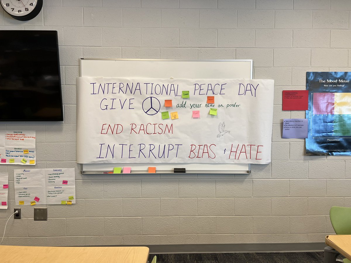 teacherburgos's tweet photo. Celebrating International ☮️🕊day here @GeneralsPride @USIP @unpeaceday Sts. Learned strategies to speak up against bias, to interrupt, ?,educate! Thanks @learnforjustice for training tools! #IBCAS @WLHSInstruction @WLHSIBProgram @Principal_WLHS @APSGifted_Kat @APSGifted https://t.co/XcVs4gfBxl