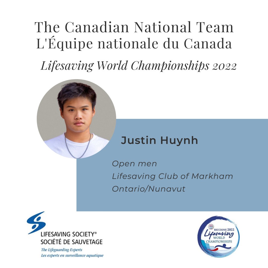 Félicitations à Justin Huynh, qui représentera le Canada du 27 septembre au 3 octobre aux Championnats du monde de sauvetage 2022 à Riccione, en Italie.