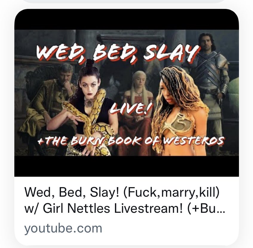 girlnettles's tweet photo. On this blessed hump day, let us gather together and talk sex and smut and anal mutilation in House of the Dragon.

@WesterosNChill and I will be going live on her channel today at 4pm pacific 💋 

Video Link: https://t.co/abLw0dZuGF https://t.co/kCFOn1vABz