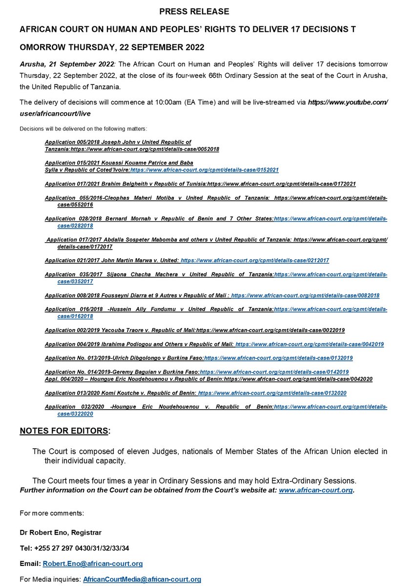 La Cour africaine des droits de l'Homme et des Peuples <a href="/court_afchpr/">African Court</a> rendra 17 décisions demain jeudi 22 septembre 2022, à l'issue de sa 66e session ordinaire de quatre semaines au siège de la Cour à Arusha. Trois décisions concernent le #Benin 
#Afrique #CADHP #HumanRights