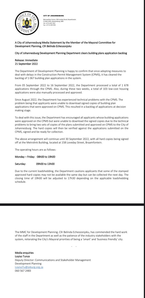 MEDIA RELEASE : City of Johannesburg Department clears the backlog of 1067 building plans applications since adopting measures to deal with delays in the CPMS. 

See attached media release for details. <a href="/MMC4DevPlanning/">MMC for Development Planning</a> <a href="/BelindaE6/">Belinda Kayser-Echeozonjoku</a> <a href="/mphophalatse1/">Mpho Phalatse</a>
