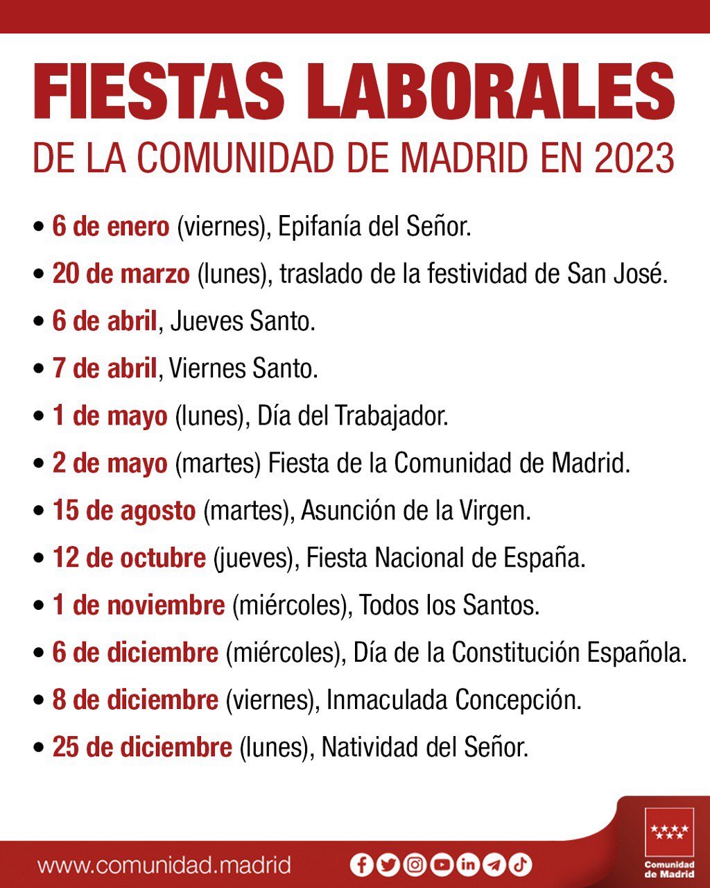 Festivos De Madrid 2023 Comunidad de Madrid on X: "📆 La Comunidad de Madrid ha aprobado el  calendario laboral para el año 2023. ✓ Contará con 12 días festivos, más  dos que serán festivos locales y