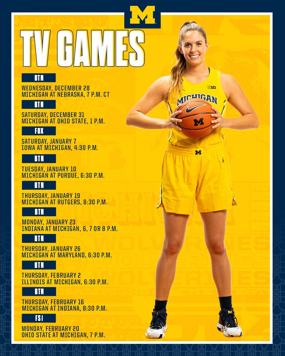 The Wolverines will be on TV at least 10 times during the conference season, including playing in the first-ever @B1Gwbball game to appear on FOX. More info: myumi.ch/Ek4g1 #GoBlue