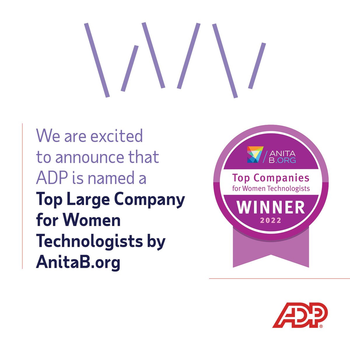 ADPCareers's tweet photo. ADP has been named an @AnitaB_org Top Large Company for Women Technologists for the third year in a row!
Learn more about our DEI efforts at ADP in the link below!
https://t.co/Tf1PbBPDuu
#ADPTech #GHC22 #WomenInSTEM #WomenInTech https://t.co/W7rddeXCd5