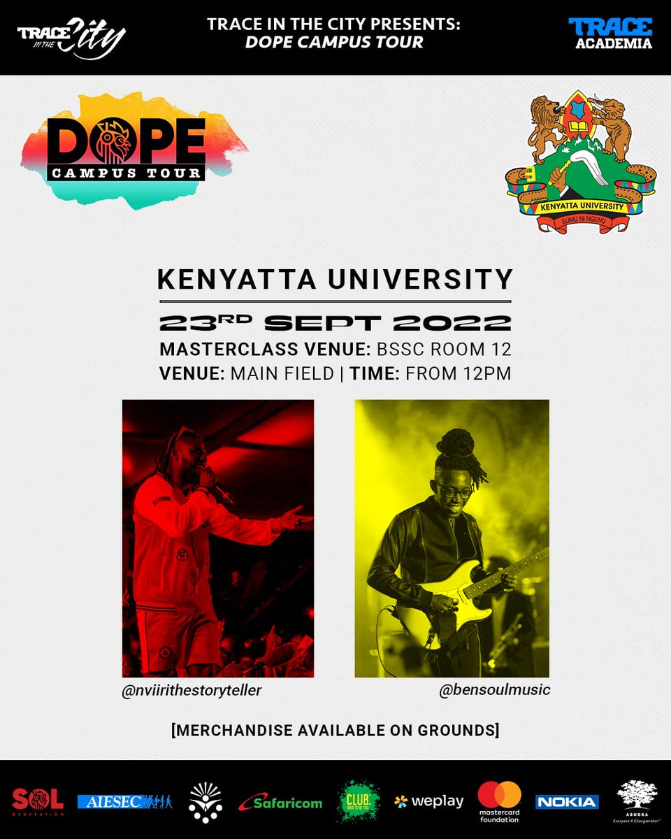 MishBosslady__'s tweet image. If you are a student &amp;amp; are looking for a plan this Friday the 23rd, head on to Kenyatta University  for a music extravaganza that will be headlined by the very talented Nviiri &amp;amp; Bensoul of #Solgeneration 

The gig is open to all students so don't miss out 😊
 #DopeCampusTour