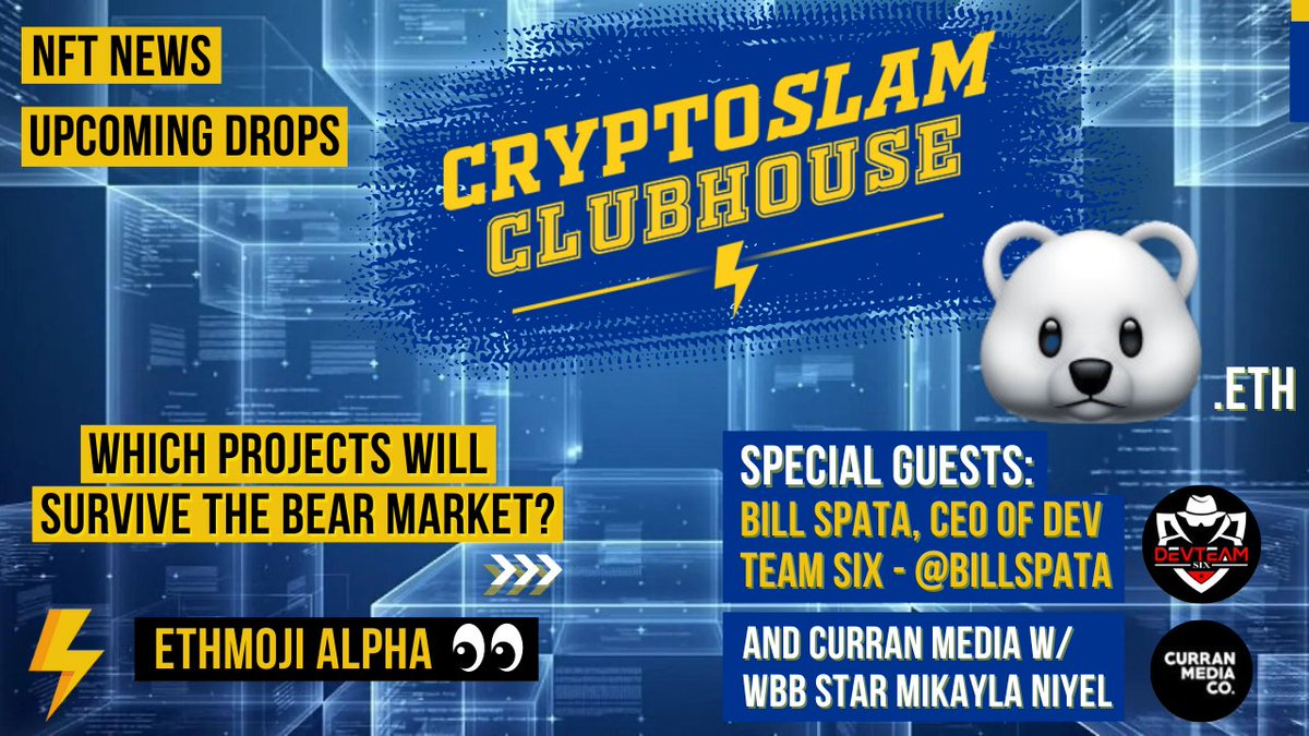 cryptoslamio's tweet photo. Ep8 CryptoSlam Clubhouse, @bluejays_nft @mindmaxxing @wealthonwifi  are joined by @BillSpata  (CEO of @DevTeamSix) and @CurranMediaCo @mikayla_niyel 

Subscribe and Watch ⚡️
@EthmojiClub Alpha | Which NFTs Will Survive the Bear Market?
https://t.co/WMaGHOMuRD https://t.co/vwsh6ZEQed