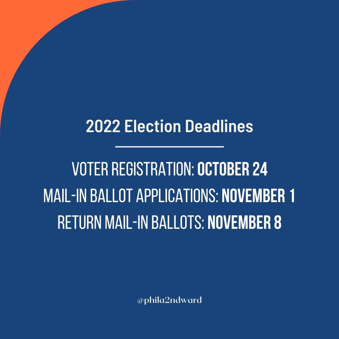 phila2ndward's tweet photo. 7 weeks until Election Day. Do you know your deadlines? Don't worry, we've dropped them below.
Voter Registration: October 24
Mail-in Ballot Applications: November 1
Return Absentee Ballots: November 8
Save these dates.
#phillydemocrats #2ndward #2ndwarddems #PAdemocrats https://t.co/UBmdtuMCf5
