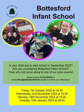 BottesfordIS's tweet photo. Is your child due to start school in September 2023? Please make an appointment to come to one of our open mornings/afternoons #teamBIS #EYFS23 https://t.co/RMfWmxfRvl