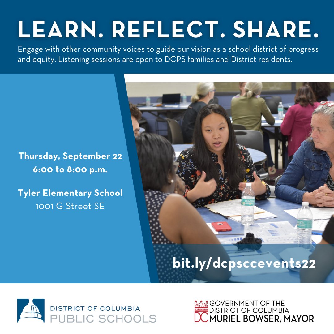 dcpublicschools's tweet photo. DCPS Families: You are invited to a community listening session this Thursday, September 22 at 6 pm. Join us at Tyler Elementary to learn, reflect, and share feedback about your school and student's needs. Refreshments and child care provided. RSVP at https://t.co/D6pv37p3oS. https://t.co/ikHylUrJbS