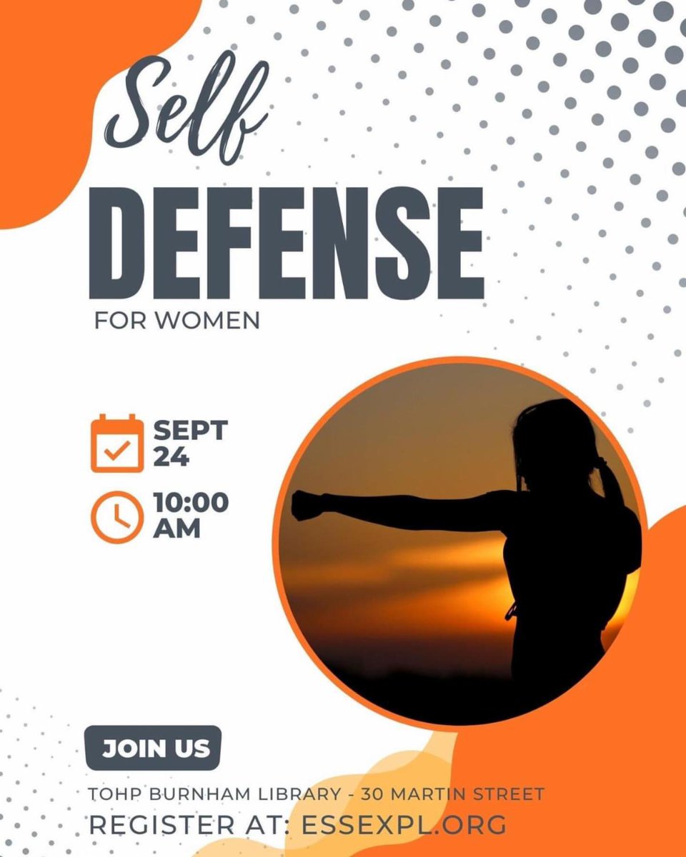 VisitEssexMA's tweet image. @essexpubliclibrary Sign up for this Saturday’s free 2-hour Class: Self Defense for Women with instructor John Kotch. Spaces are limited-register at conta.cc/3xAx7RK

#TOHPBurnhamPublicLibrary #womenselfdefense #freeclass #besafe #LoveMyLocal #DineShopStayPlayEssexMA