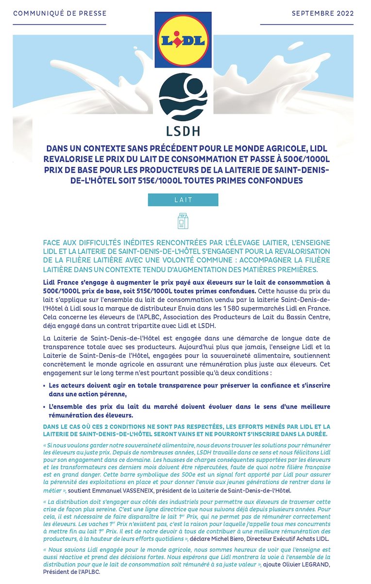 Dauvers70's tweet photo. #LEFILCONSO @lidlfrance et @groupeLSDH passent la barre des 500 € les 1000 litres de lait (payés aux producteurs) mais... fixent des conditions pour que ça dure ⬇️⬇️⬇️ https://t.co/RsxLREeENW