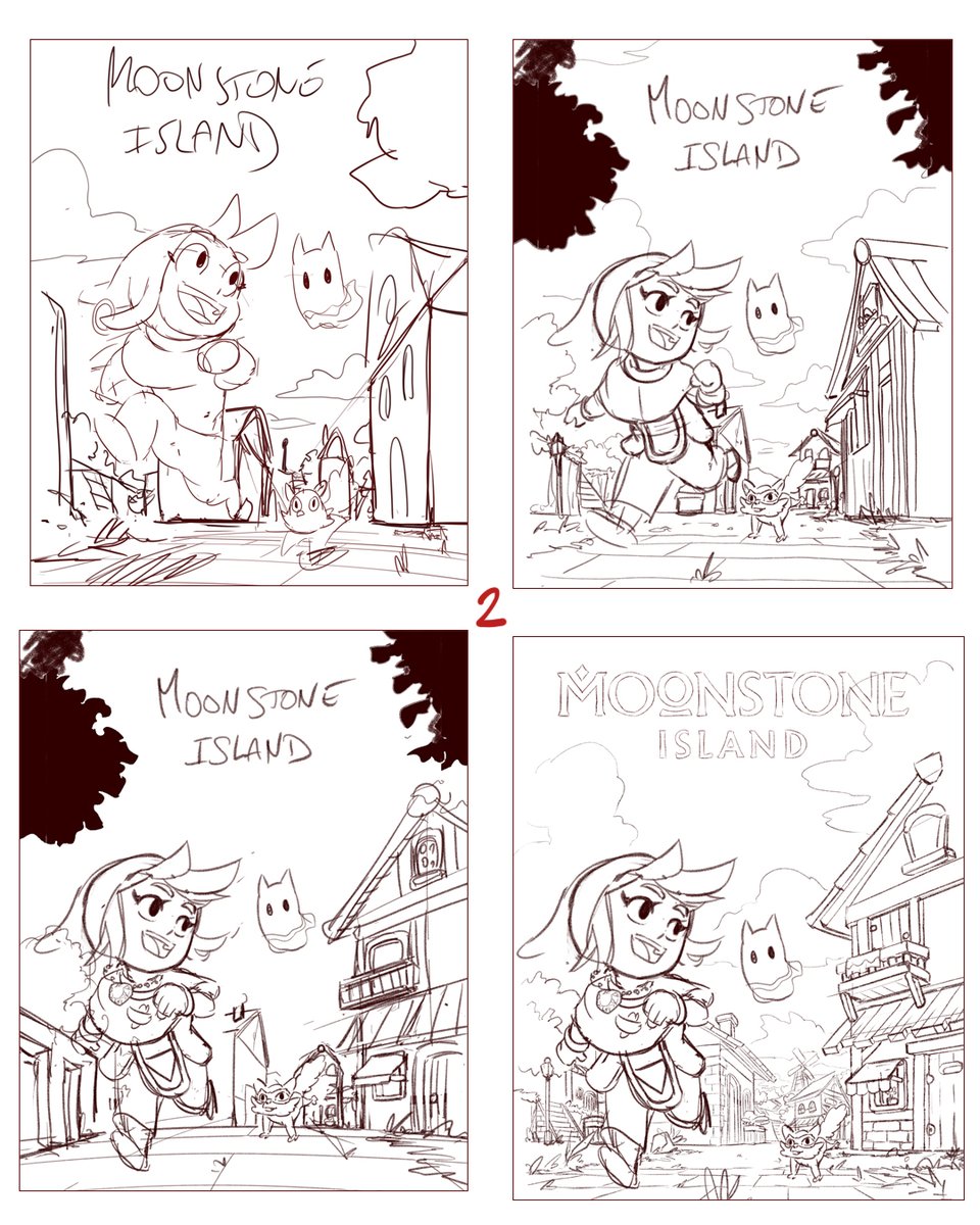 @Moonstone_game @RawFury Digital sketch propositions
The goal was to have something cozy and close to the character, followed by the spirits, like in the game.
The dynamism of the angle of the 2nd proposition was a nice plus, so that's the one that was chosen and further developed.
