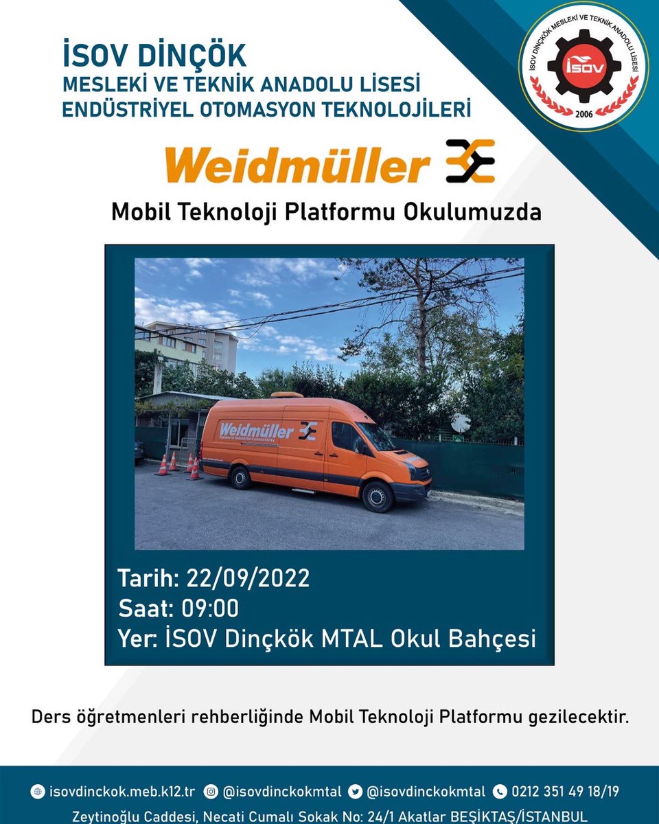 Okulumuz Endüstriyel Otomasyon Teknolojileri Alanı öğrencileri Weidmüller Mobil teknoloji platformunu okul bahçemizde ziyaret edeceklerdir. @weidmuellertr