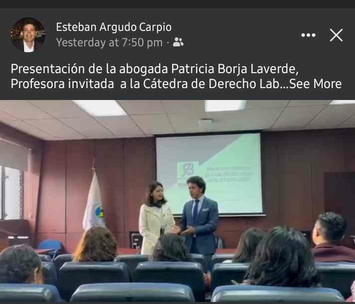 LizzyBor9's tweet photo. Ayer, el Dr  @estebanargudo me brindó la oportunidad de participar en su clase de Derecho Laboral, en mi querida @DerechoPUCE, con algunos aspectos generales sobre un tema que, para mí, es fundamental: la seguridad social. 

¡Muchísimas gracias, querido Doctor! Un gran honor 🍀. https://t.co/el6AUVY2LM
