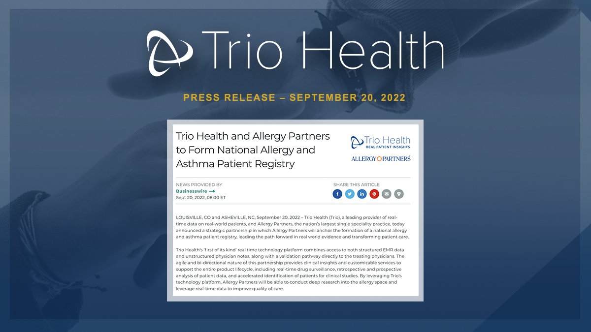 TrioHealthInc's tweet photo. Announcing strategic partnership with Allergy Partners PLLC to form a national allergy and asthma patient registry. #asthma #allergy
Press Release here: https://t.co/NSqJkAb1bg https://t.co/XH3g2oztJA