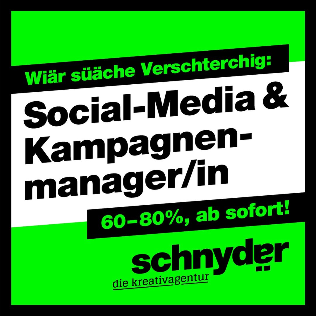 🚀 Ready to take off? 60-80% Social Media &amp; Kampagnen-manager/in (m/w/d)
---------------------
Ein talentiertes und geiles Team, welches gemeinsam die Welt verändert! Wir haben die Freude, dich in unserer Familie zu begrüssen und brauchen deine Skills, damit unsere Kampagnen un