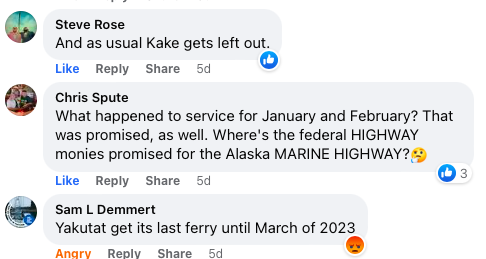FerriesMoveAK's tweet photo. More comments from the #FerriesMoveAlaska group. Alaskans are frustrated that under Dunleavy's DOT, ferry service to Alaska Native communities has been severely cut and under-prioritized. https://t.co/RzfWlv0eer https://t.co/p3MM0DPIVT