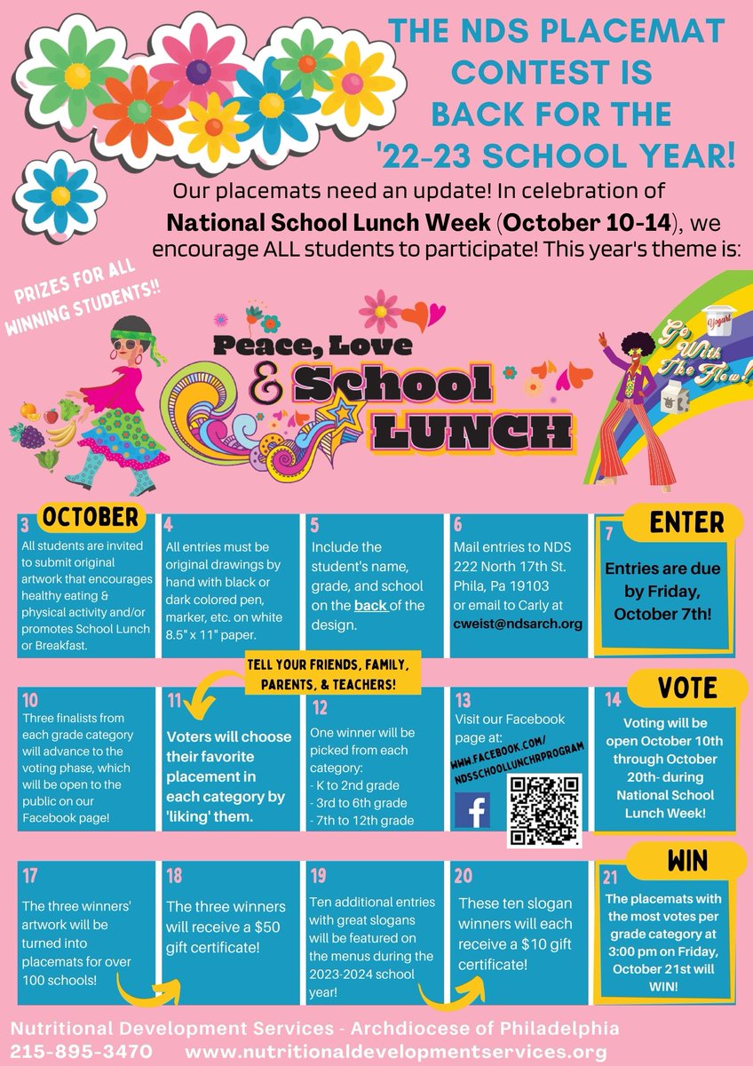 It's time for the NDS Annual Placemat Contest! After a few years hiatus, the contest is BACK and our placemats need a refresh! All students from NDS sponsored schools are encouraged to participate ✌️🌺 #NationalSchoolLunchWeek #PeaceLoveSchoolLunch