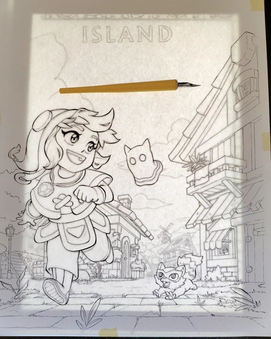 @Moonstone_game @RawFury Inking on grainy watercolor paper is not easy, sometimes ink just doesn't come out of the pen, or the line won't get straight, that can feel "rocky" and a bit frustrating, but the painting part feels amazing.
Yes my light box is a bit too small but that's no problem. 