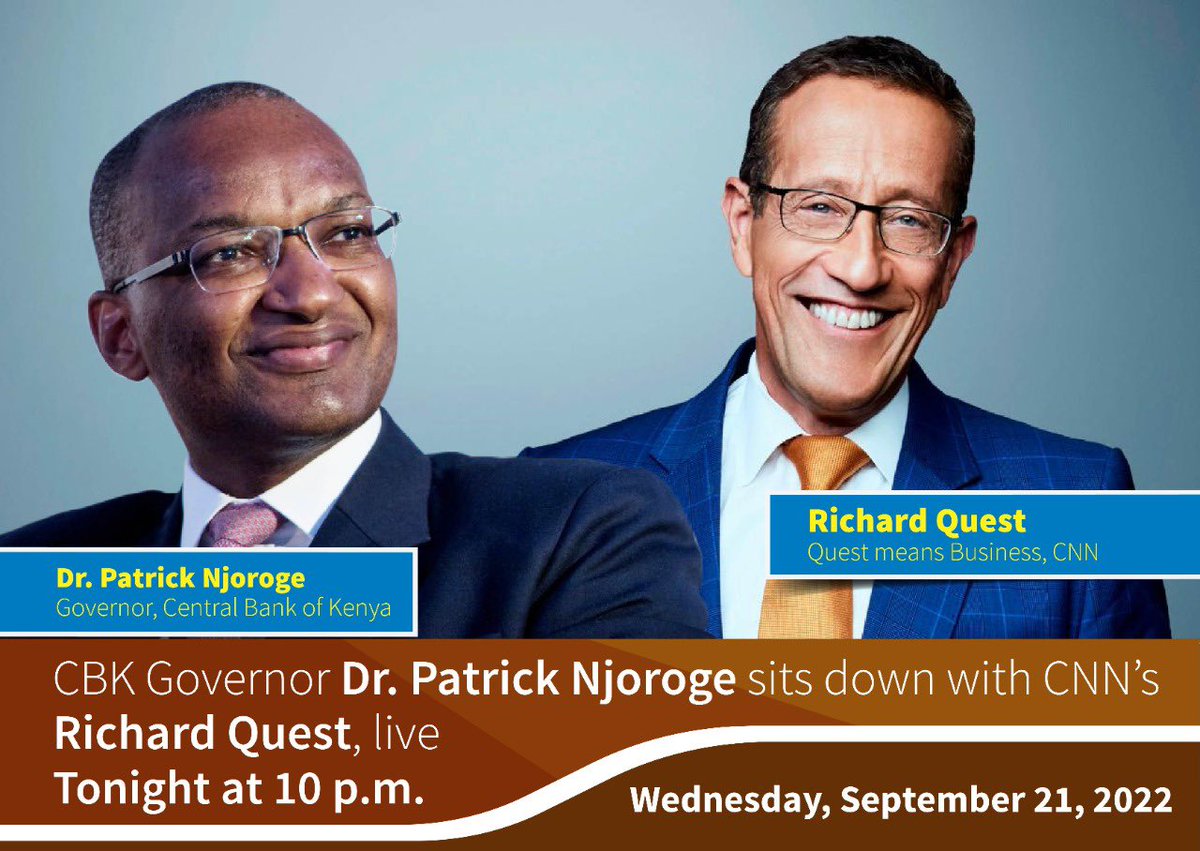 CBKKenya's tweet photo. TONIGHT: Governor @njorogep speaks live to CNN’s @richardquest from the floor of the New York Stock Exchange. Watch from 10 p.m. East African Time. https://t.co/6TWtW8M1sF