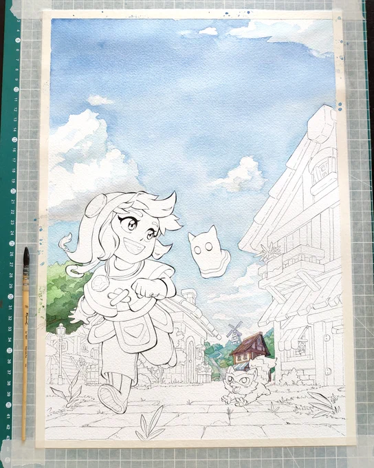   When painting illustrations with a lot of scenery, I always start from the farthest brackground elements to the foreground, and paint the characters afterwards. 