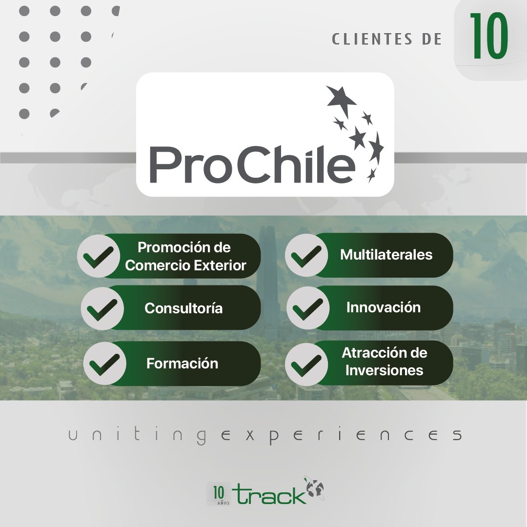 trackglobalsolu's tweet photo. #Clientesde10 👤
En los últimos años hemos trabajado con @ProChile  con los siguientes servicios: 

✅ Promoción de Comercio Exterior
✅ Consultoría
✅ Formación
✅ Multilaterales
✅ Innovación
✅ Atracción de Inversiones

¡Gracias por confiar en Track!

#UnitingExperiences 🌐🤝🏻 https://t.co/xTnZfpOKYj