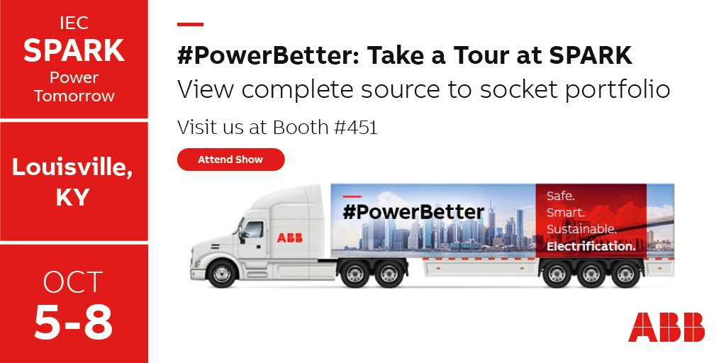 ABBNorthAmerica's tweet photo. Visit us! Stop by booth #451 at the IEC SPARK power tomorrow tradeshow in Louisville, KY October 5-8. This is your chance to tour ABB’s award winning #PowerBetter roadshow truck and chat with our product experts. Find out more: https://t.co/IzIA8ZvoHl #ContractorBetter https://t.co/xlrZPREzba