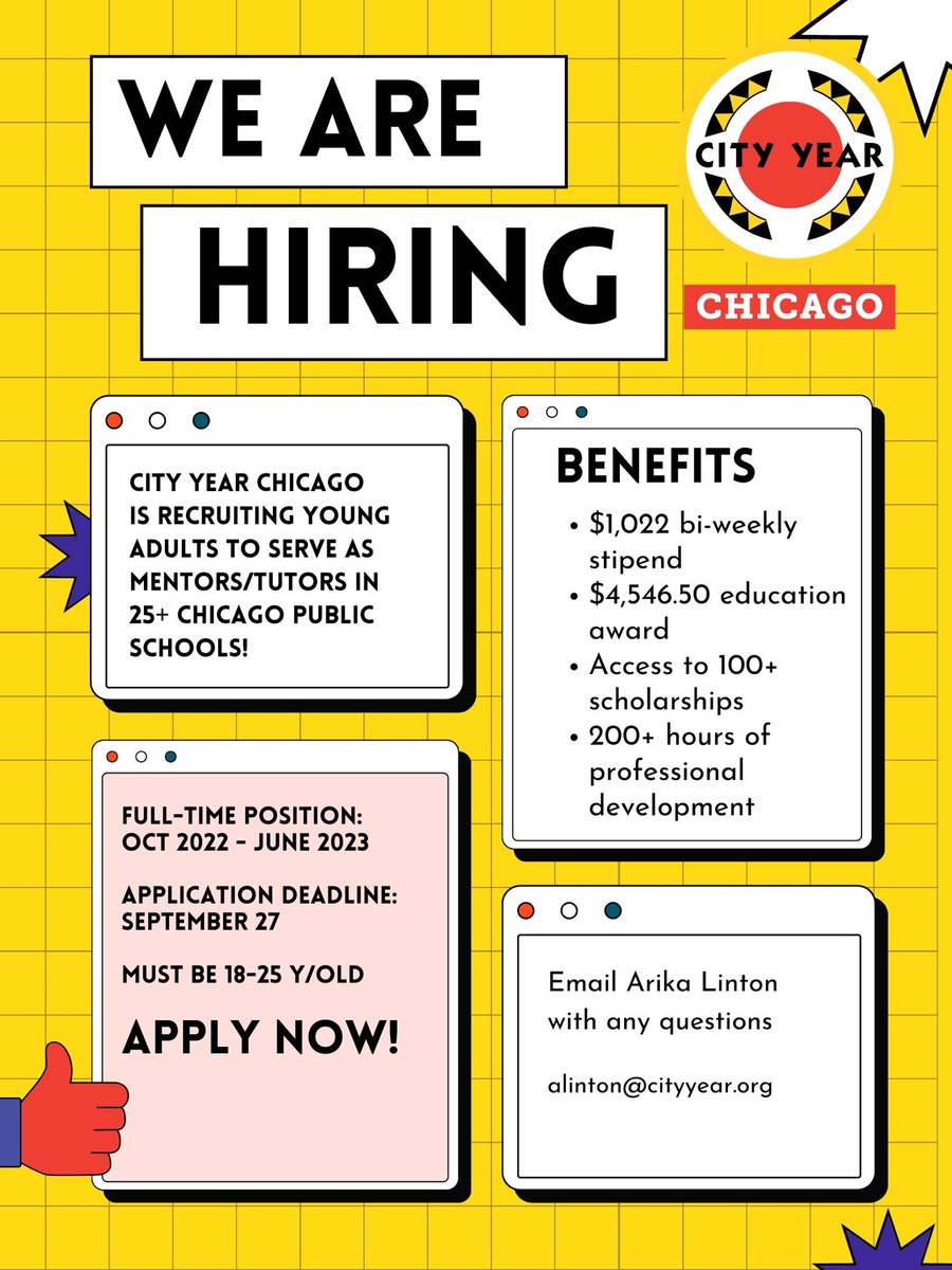 CityYearChicago's tweet photo. DEADLINE APPROACHING!
Applications close September 27. Don’t wait, apply now!
Link in bio.
#cychi #cityyearchicago #chicago #cityyear #service #education #teachers #mentor #mentee #gapyear #gapyearlife #graduation https://t.co/Re6Ue710vG