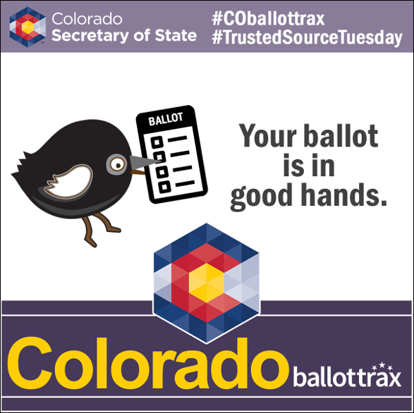 COSecofState's tweet photo. Did you know can track when your ballot is sent, received, and counted when you sign up for BallotTrax?
Check it out → https://t.co/UwW0h9FTir #GoVoteColorado #COBallotTrax #TrustedSourceTuesday https://t.co/LPNsCPuU2J