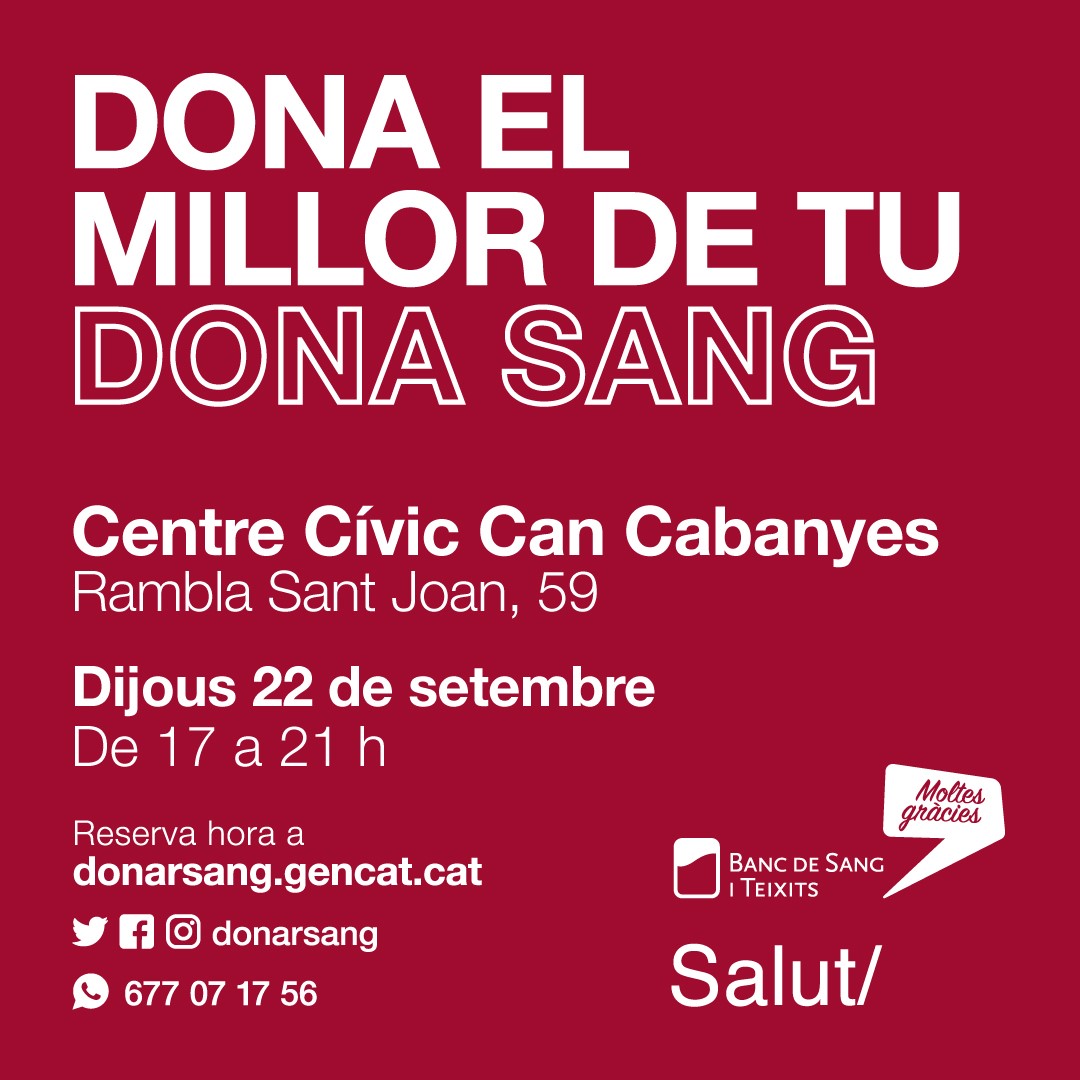 🩸 Aquest dijous el Centre Cívic Can Cabanyes de #Badalona acull entre les 17 i les 21 hores una nova jornada de donació de sang!

Apunteu-vos! 👇
donarsang.gencat.cat/ca/vull-donar/…