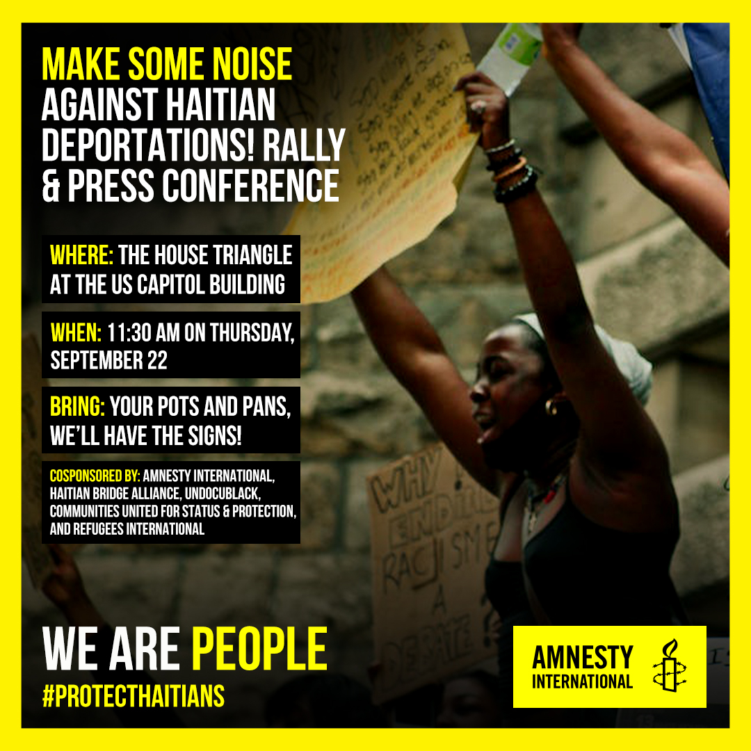 UndocuBlack's tweet photo. Join @UndocuBlack @amnestyusa and @HaitianBridge  @wearecusp and @RefugeesIntl to demand that the US government put an end to the racist #Title42 policy once and for all and to respect the human rights and dignity of Haitian people at the US-Mexico border. https://t.co/ZMapEek3cv